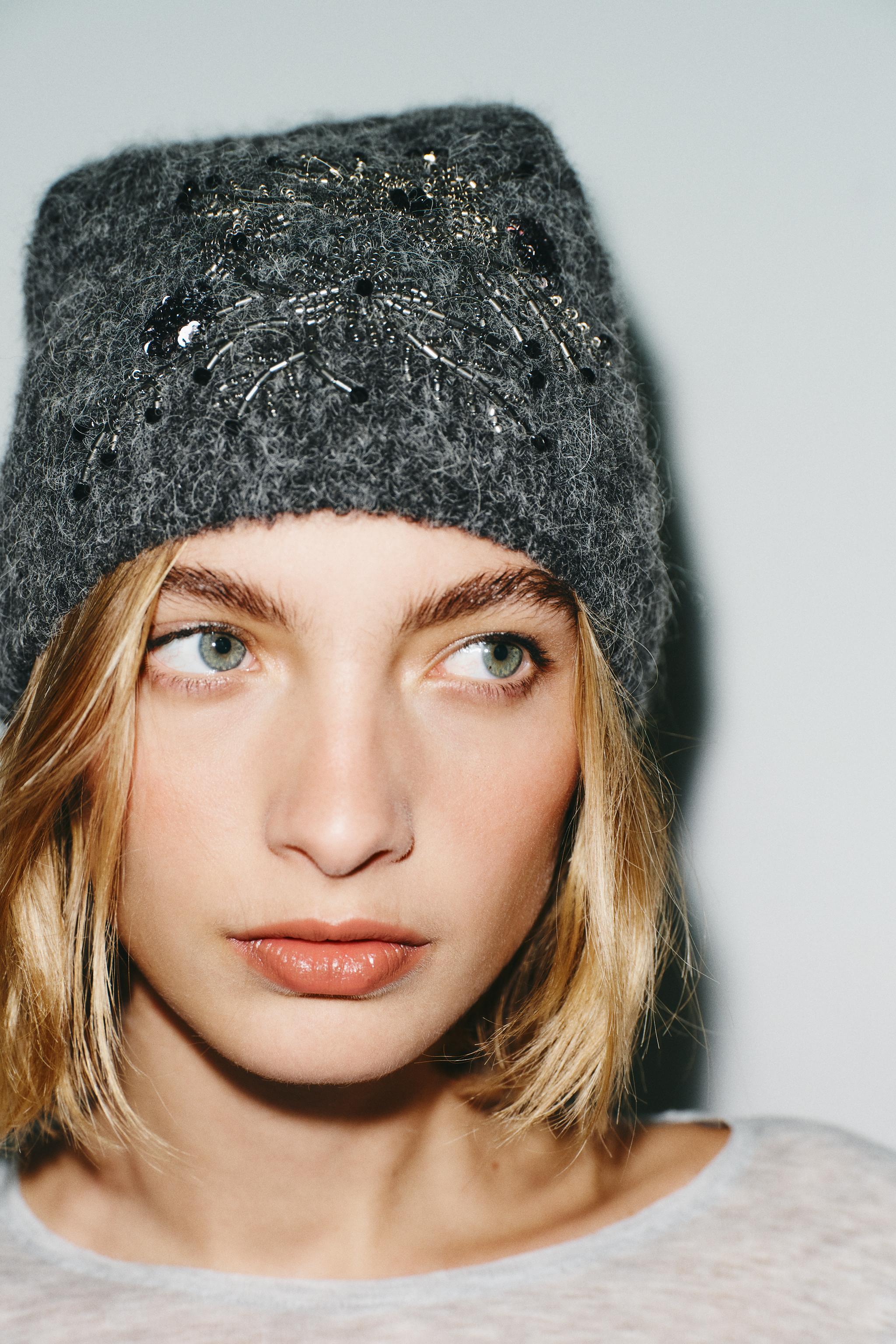 BEADED EMBROIDERED KNIT BEANIE